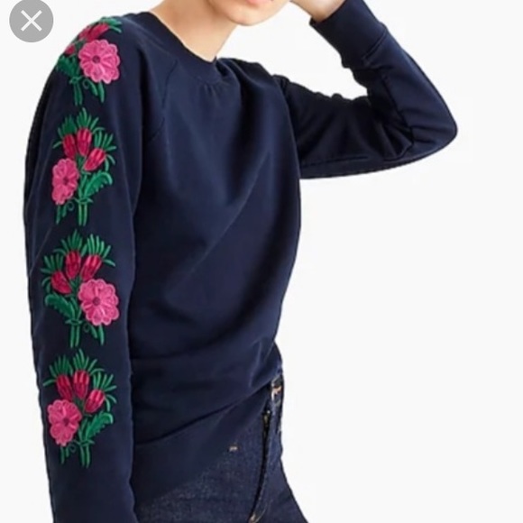J Crew Sweatshirt withFloral Embroidery on Sleeves - Picture 1 of 7